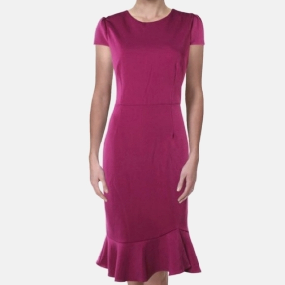 NEW! BETSEY JOHNSON Cap Sleeve Crepe Ruffle Hem Sheath Dress Stretch Fushia 2. - Picture 2 of 6